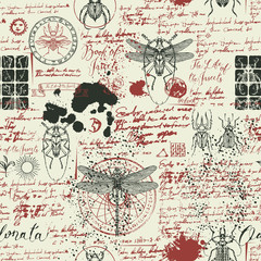 Vector seamless abstract background with insects in retro style. Beetles, dragonflies, ink stains, doodles and handwritten inscriptions on the old manuscripts. Can be used as Wallpaper, wrapping paper