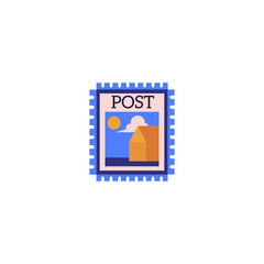 Postage stamp with landscape image and blue edges isolated on white background. Flat colorful postmark vector illustration icon for logistics and shipping business or philately.