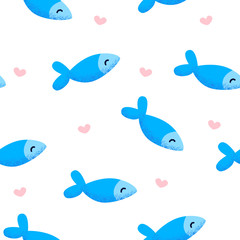 Seamless pattern with funny fish and hearts on white background. Ornament for textile and wrapping. Vector.