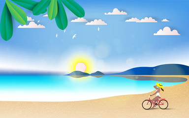 Summer Holiday. Young woman ride the bike on the beach. Healthy leisure and freedom