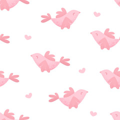 Seamless pattern with pink birds and hearts on white background. Ornament for textile and wrapping. Vector.