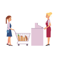 Supermarket cash desk with female cashier in uniform and apron behind equipment and young woman with food goods in storage hand shopping cart isolated on white background, vector illustration.