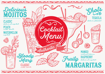 Cocktail bar menu. Vector drinks flyer for restaurant and cafe. Design template with vintage hand-drawn illustrations.