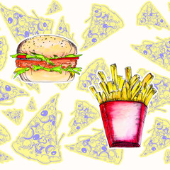 Watercolor seamless pattern with pizza and burger.