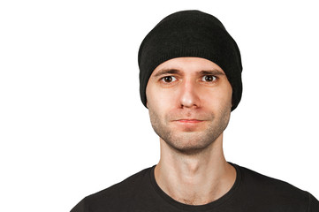 Young funny man in hat isolated on white.