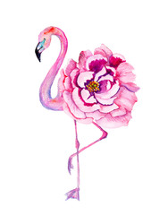 Watercolor flamingo with exotic flowers. Hand drawn illustration.
