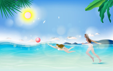 Fototapeta na wymiar Teen girls playing in water at the beach on sunset. Beauty and joyful teenager friends having fun over summer sunset