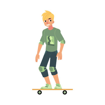 Skateboarding young boy with sports protection isolated on white background. Summer activity concept - cartoon male character with blonde hair skating. Vector illustration.