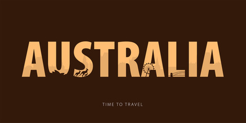 Australia. Travel bunner with silhouettes of sights. Time to travel. Vector illustration