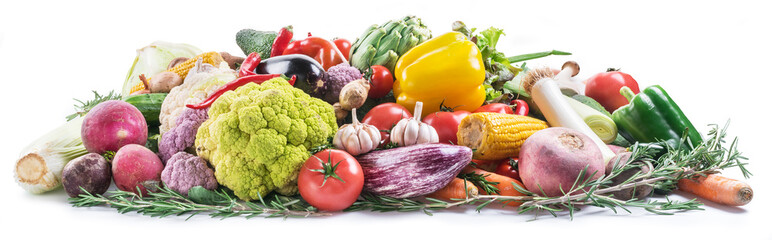 Group of colorful vegetables on white background. Close-up.