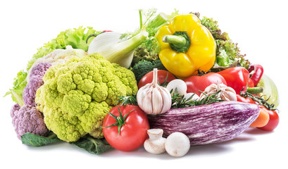 Group of colorful vegetables on white background. Close-up.