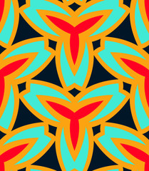 Seamless pattern morrocan ornament. Floral textile print. Islamic vector design. Oriental background with abstract flowers. Hexagonal trefoil swatch. Stained glass vitrage.