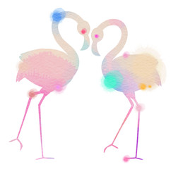Silhouette watercolor of romantic pink flamingo birds join heads to create a heart. Love and Valentine Day card.  Greeting card with love birds. Digital art painting