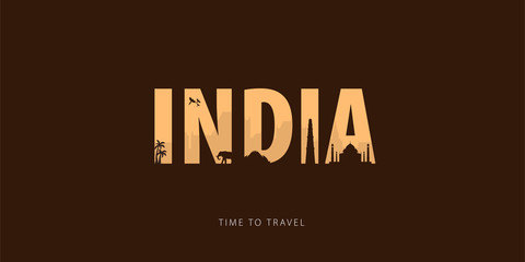 India. Travel bunner with silhouettes of sights. Time to travel. Vector illustration