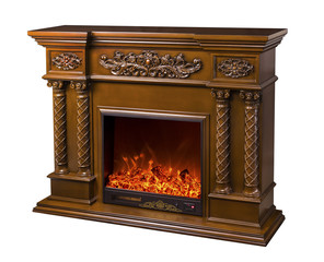 modern decorative electric fireplace with a beautiful burning flame, isolated photo on a white background