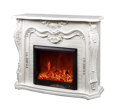 modern decorative electric fireplace with a beautiful burning flame, isolated photo on a white background