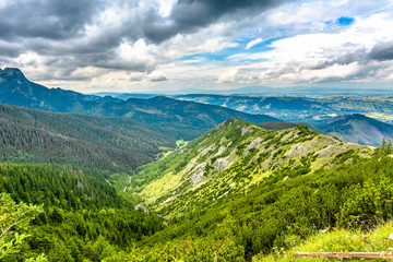 Landscape of mountains, green hills and valley in Carpathians, Poland