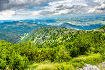 Obraz premium Valley and mountains, landscape with top of the mountain on the sky background