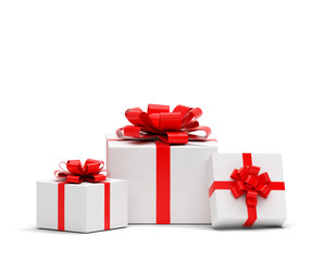 3d realistic set of colorful gift boxes with bows and ribbons.