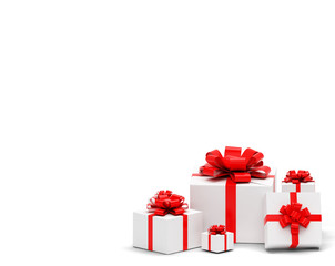 3d realistic set of colorful gift boxes with bows and ribbons.