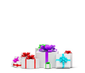 3d realistic set of colorful gift boxes with bows and ribbons.