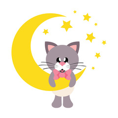 cartoon cute cat with tie on a moon