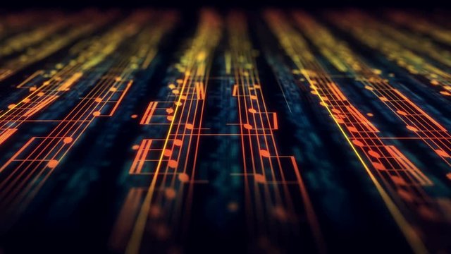 Musical notes composition background in yellow and orange. Seamless loop. The Depth of Field.