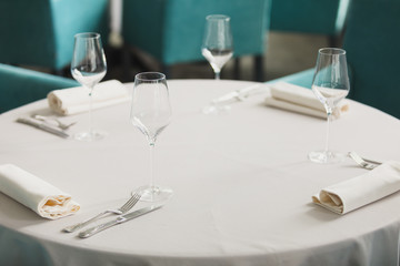 Empty glasses set in restaurant. Beautiful table set