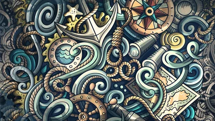Photo sur Plexiglas Pour lui Doodles illustration nautique. Fond marin créatif
