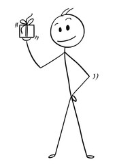 Cartoon stick man drawing conceptual illustration of businessman standing with small gift box or present in wrap with ribbon in his hand.