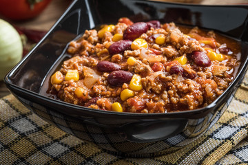 Chili con carne in a bowl.