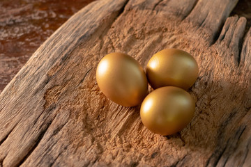 Golden eggs on a rustic wooden background