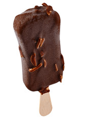 Ice cream in chocolate glaze with nuts on a wooden stick. Sweet dessert for the summer is photographed close-up. Isolated on white background.