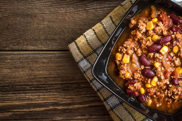 Chili con carne in a bowl.