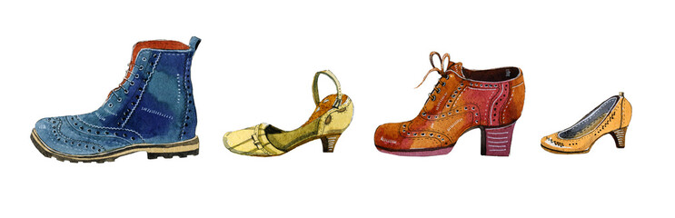 Hand drawn watercolor illustration set of shoes and boots in  aline