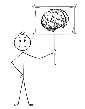 Cartoon stick man drawing conceptual illustration of businessman holding sign with brain image symbol. Business concept of intelligence and understanding.