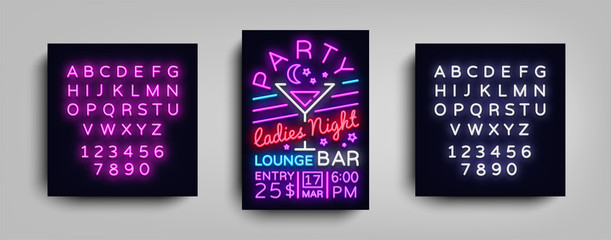 Fototapeta na wymiar Cocktail Party poster neon. Flyer template design in neon style. Ladies Night Cocktail Party Dance Invitations, Light Banner, Bright Brochure Nightlife. Vector illustration. Editing text neon sign