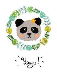 Cute baby panda character. Hand drawn vector illustration. Summer tropical jungle set.
