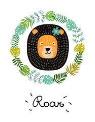 Cute baby lion character. Hand drawn vector illustration. Summer tropical jungle set.