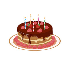 Chocolate cake. Strawberries, cream and candles. Vector illustration