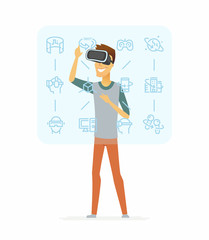 Man wearing virtual reality glasses - cartoon people character isolated illustration
