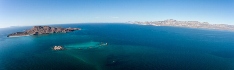Aerial panoramic views of isla San Francisco, Baja California 
Sur, Mexico. Sea of cortez.