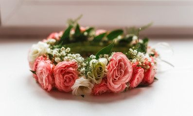 wreath of pink and white roses
