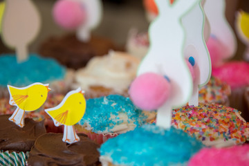Colorful little yellow chickens on Easter cupcakes