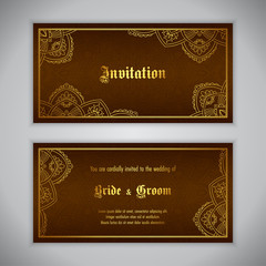 Luxury wedding invitation with golden ornament. Vector illustration