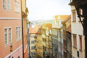 View to red tile roofs of Prague city in Czech republic