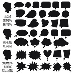 Collection, set of vector speech bubble shapes with head in profile silhouette. Talking, speaking, chatting, screaming, laughing, exclaiming, thinking, dreaming, meditating balloons, clouds.