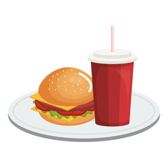 dish with delicious burger and soda vector illustration design