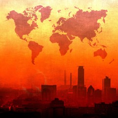 Grunge textured city skyline in red tones with world map in the sky. Elements of this image furnished by NASA.
