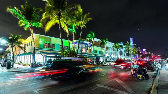 Hyperlapse (time lapse) of night time  Ocean drive with car traffic, Florida. USA